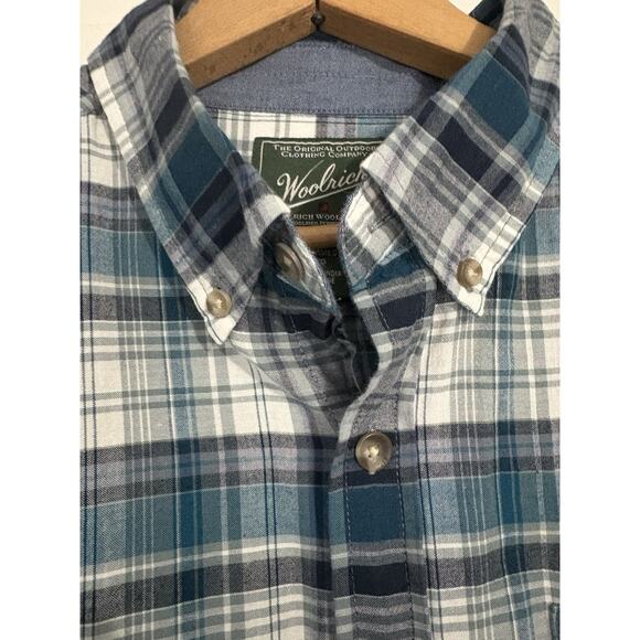 Woolrich Wollen Mills Shirt Mens L Blue Plaid Organic Cotton Short Sleeved Camp - Picture 2 of 4